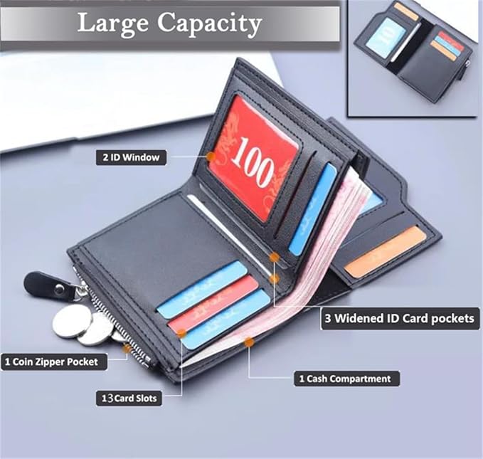 Men's Short Wallet, Men's Three-fold Multi-Card Wallet, Men's 13 Credit Card Pockets with Coin Zipper Pocket & ID Window Coin Wallet