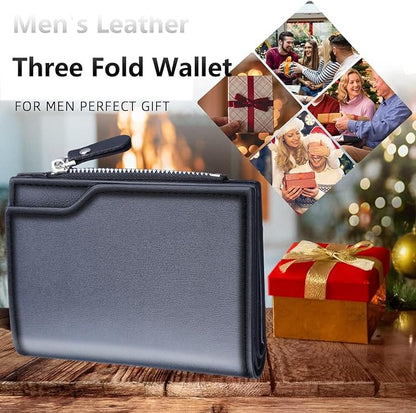 Men's Short Wallet, Men's Three-fold Multi-Card Wallet, Men's 13 Credit Card Pockets with Coin Zipper Pocket & ID Window Coin Wallet